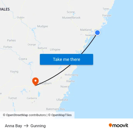 Anna Bay to Gunning map