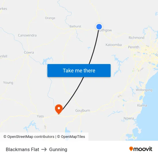 Blackmans Flat to Gunning map