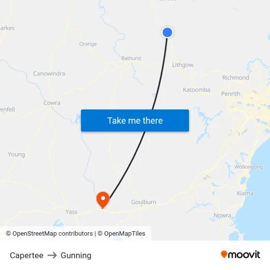 Capertee to Gunning map