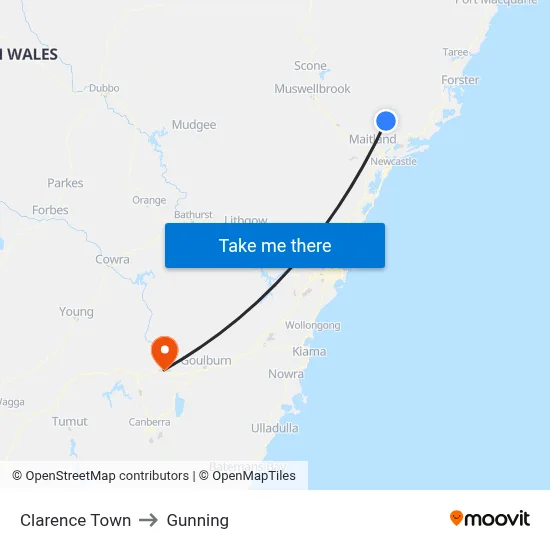 Clarence Town to Gunning map