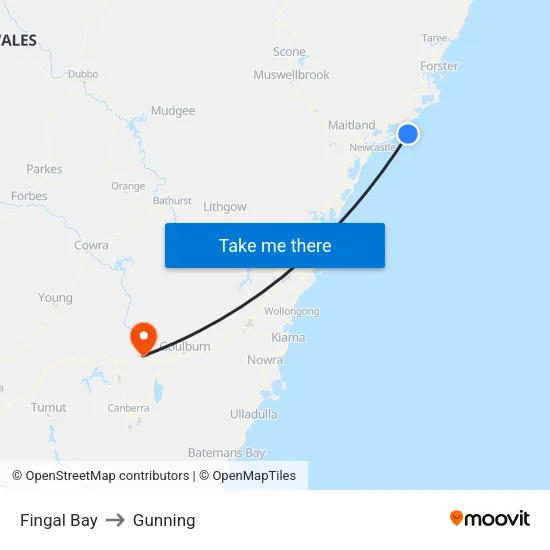 Fingal Bay to Gunning map