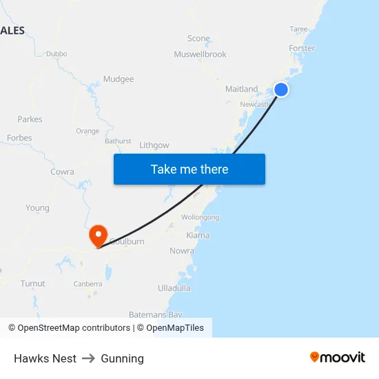 Hawks Nest to Gunning map