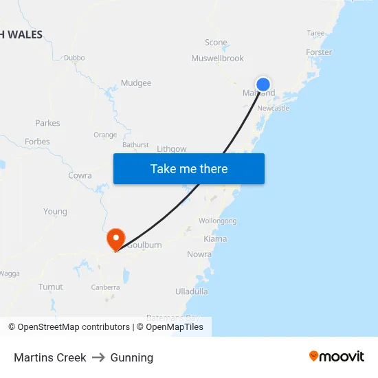 Martins Creek to Gunning map