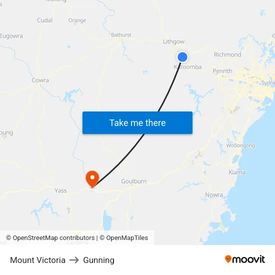 Mount Victoria to Gunning map