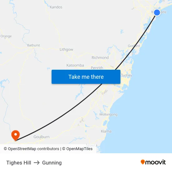 Tighes Hill to Gunning map