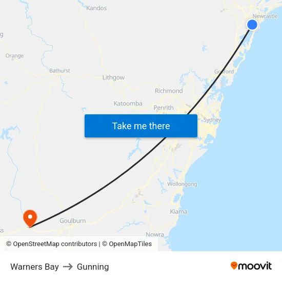 Warners Bay to Gunning map