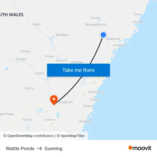 Wattle Ponds to Gunning map