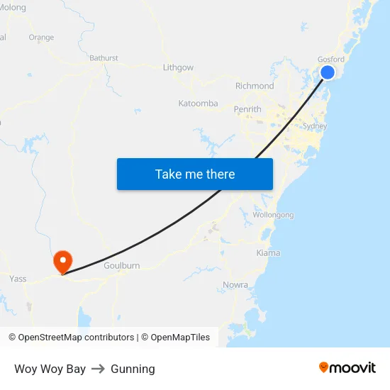 Woy Woy Bay to Gunning map