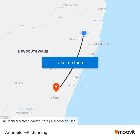 Armidale to Gunning map