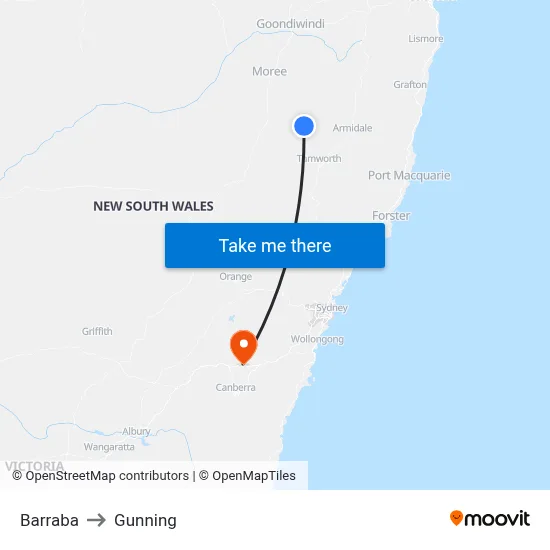 Barraba to Gunning map