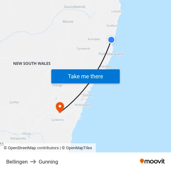 Bellingen to Gunning map