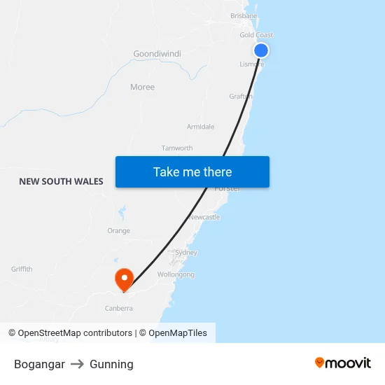 Bogangar to Gunning map