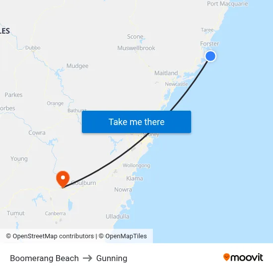 Boomerang Beach to Gunning map