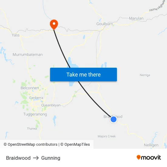 Braidwood to Gunning map