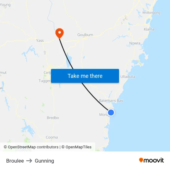 Broulee to Gunning map