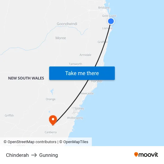 Chinderah to Gunning map