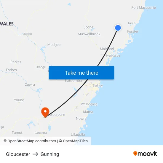 Gloucester to Gunning map