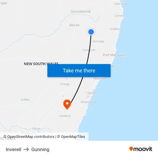 Inverell to Gunning map