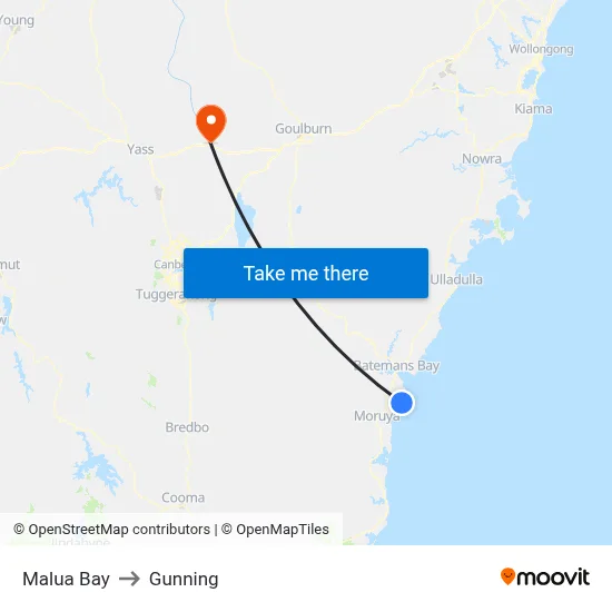 Malua Bay to Gunning map