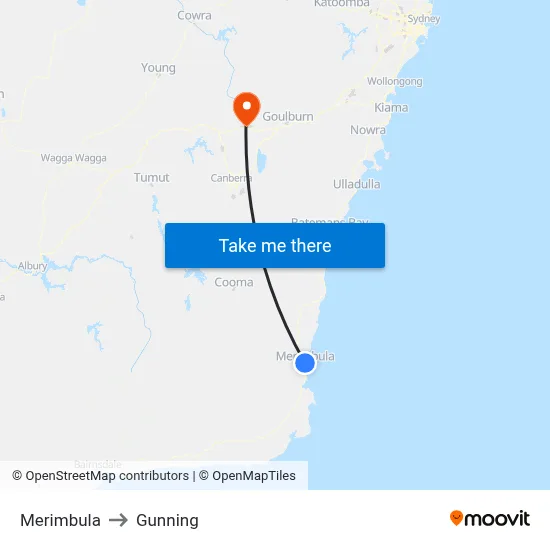 Merimbula to Gunning map