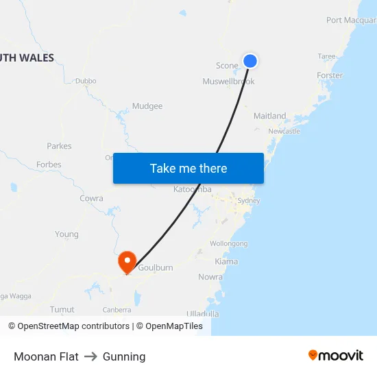Moonan Flat to Gunning map
