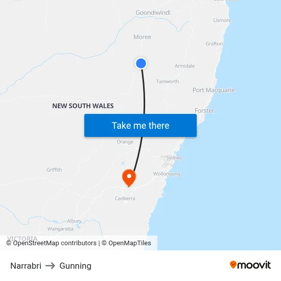 Narrabri to Gunning map