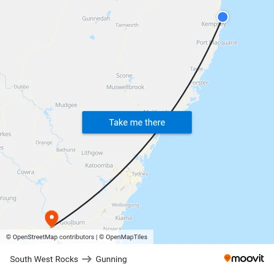 South West Rocks to Gunning map
