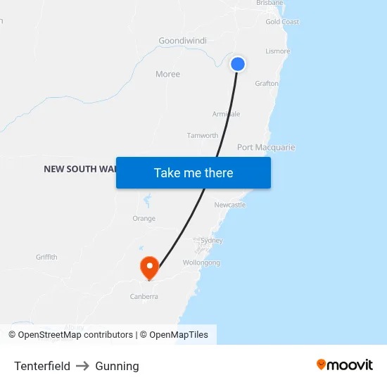 Tenterfield to Gunning map