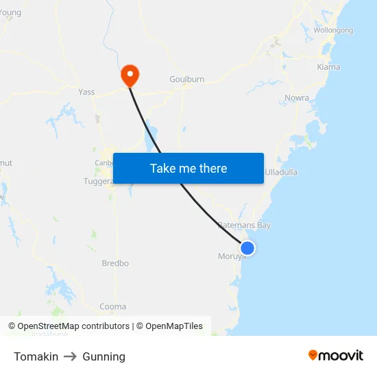 Tomakin to Gunning map