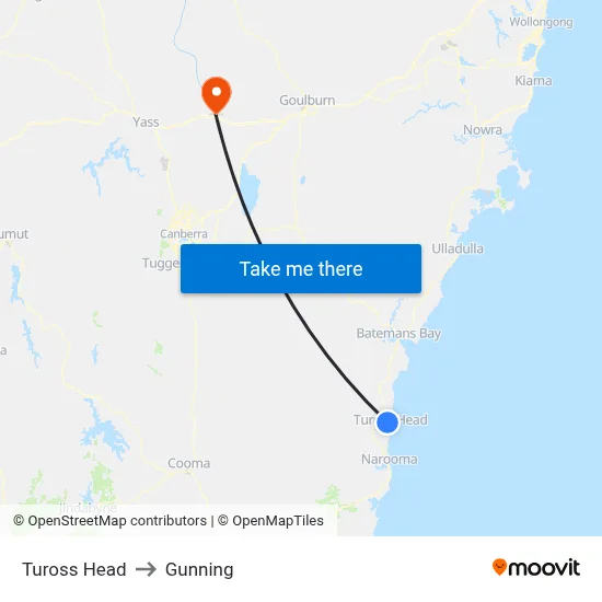 Tuross Head to Gunning map