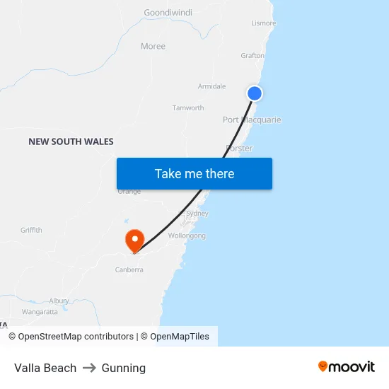 Valla Beach to Gunning map