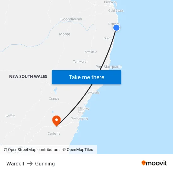 Wardell to Gunning map