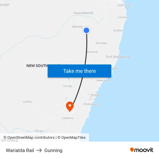 Warialda Rail to Gunning map