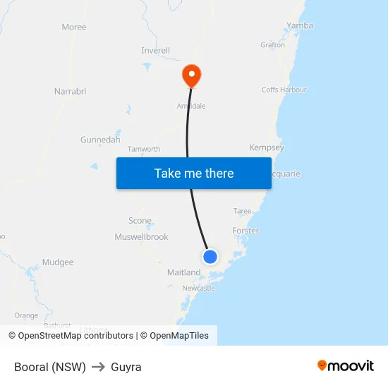 Booral (NSW) to Guyra map