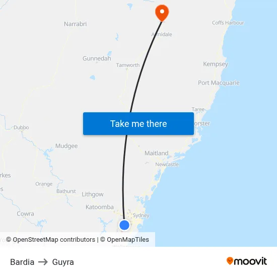 Bardia to Guyra map
