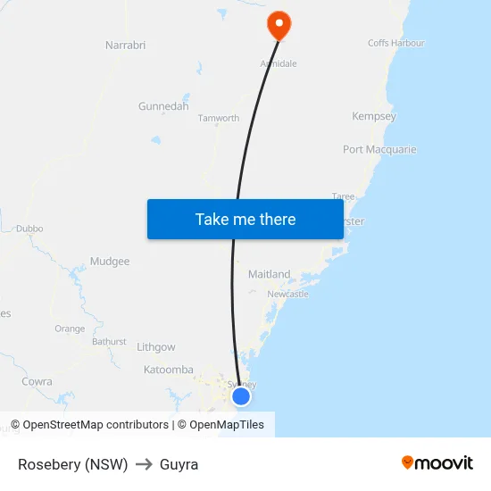 Rosebery (NSW) to Guyra map