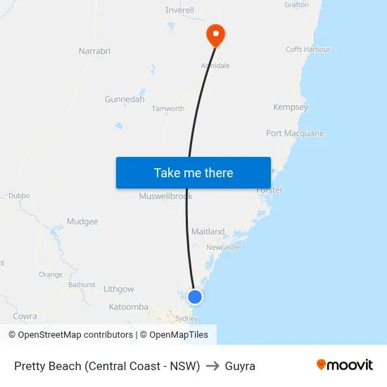 Pretty Beach (Central Coast - NSW) to Guyra map