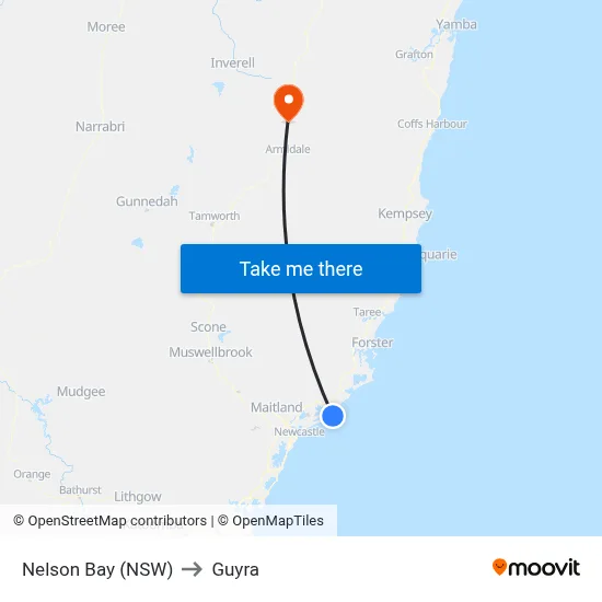 Nelson Bay (NSW) to Guyra map