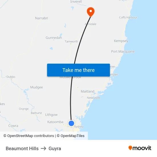 Beaumont Hills to Guyra map