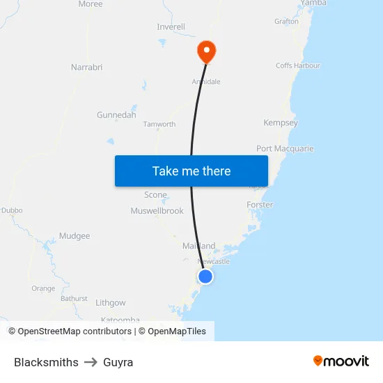 Blacksmiths to Guyra map