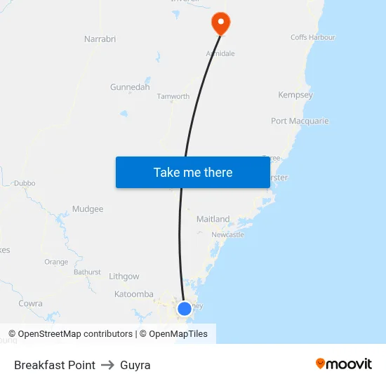 Breakfast Point to Guyra map