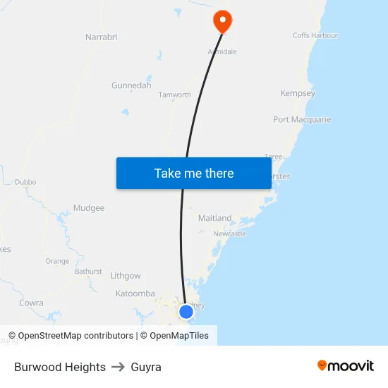 Burwood Heights to Guyra map