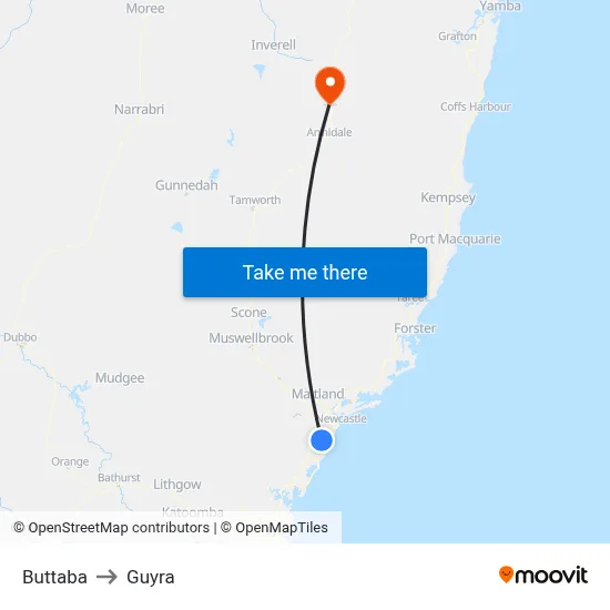 Buttaba to Guyra map