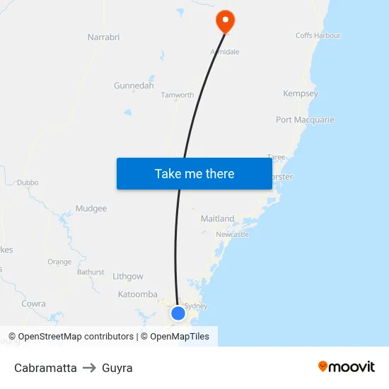 Cabramatta to Guyra map