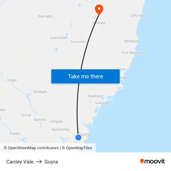 Canley Vale to Guyra map