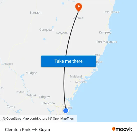 Clemton Park to Guyra map