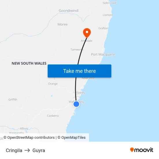 Cringila to Guyra map