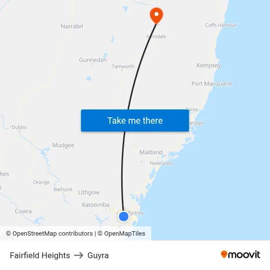 Fairfield Heights to Guyra map