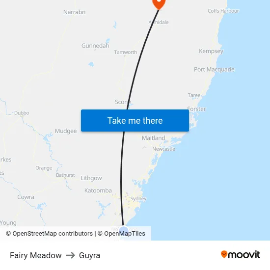 Fairy Meadow to Guyra map