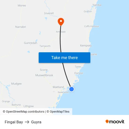 Fingal Bay to Guyra map